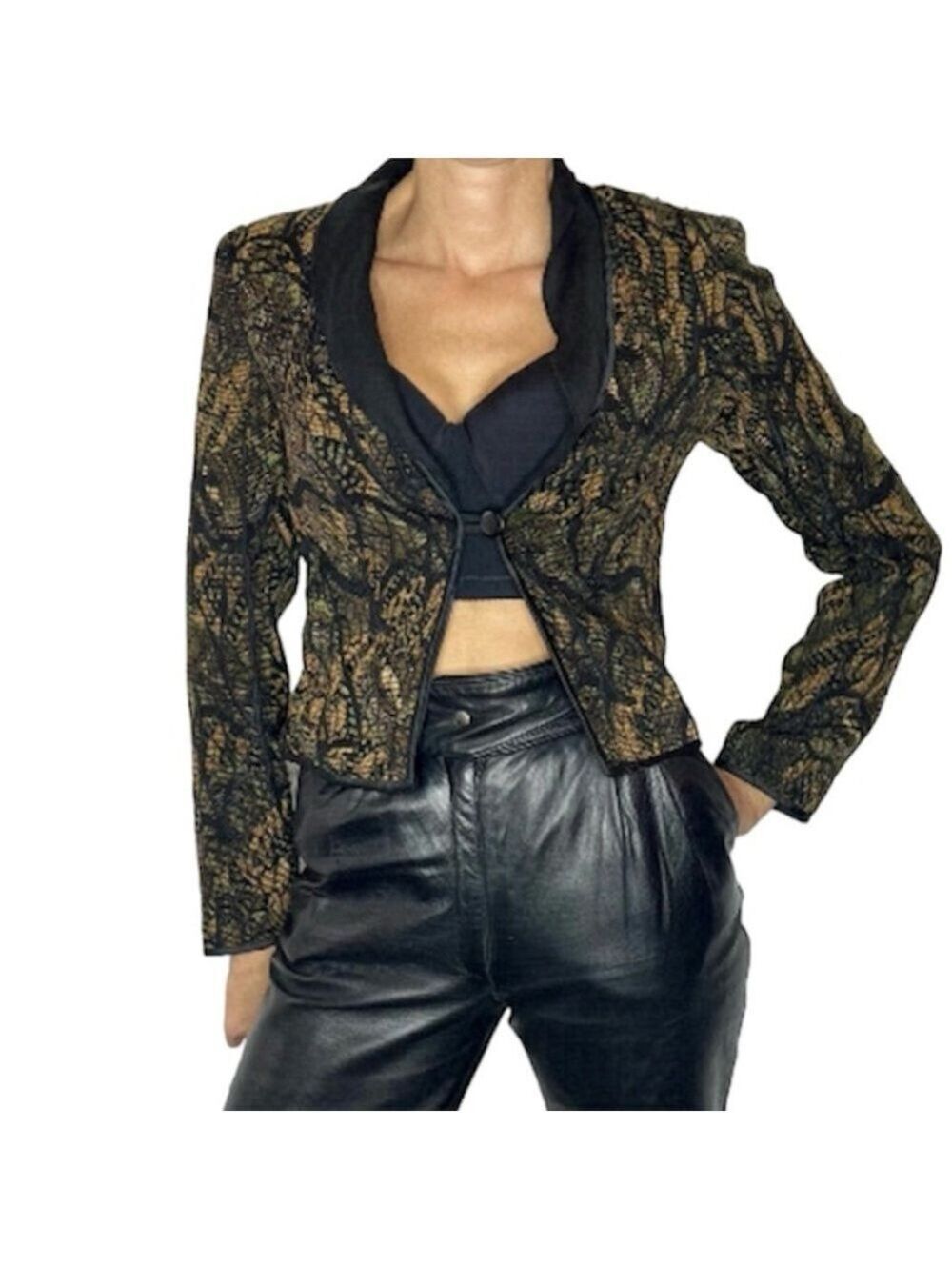 Terra Nostra Back Gold Brocade Cropped Padded Shoulder Blazer 4